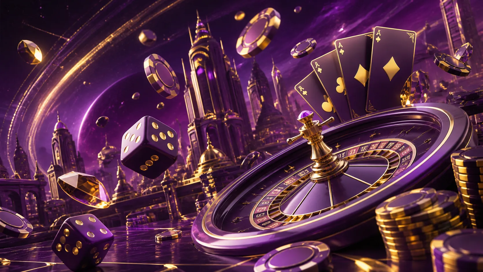 Luxurious casino-themed banner for Betmica featuring poker chips, glowing dice, and roulette wheel in premium digital art sty
